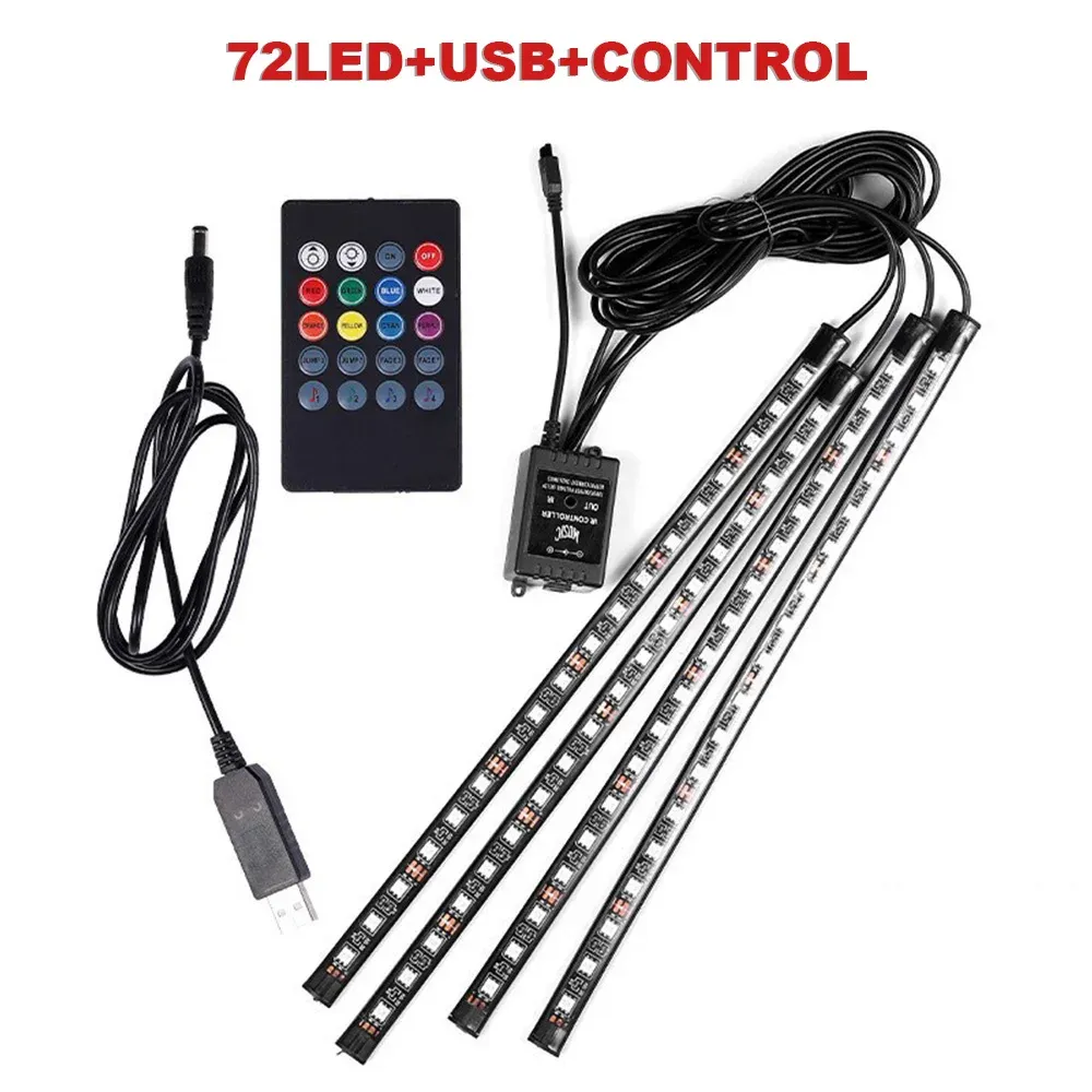 Éclairage d'ambiance pour pied de voiture, 72/48/36 LED RGB, avec allume-cigare USB, bande lumineuse intérieure automobile, barre décorative, télécommande/commande vocale 18