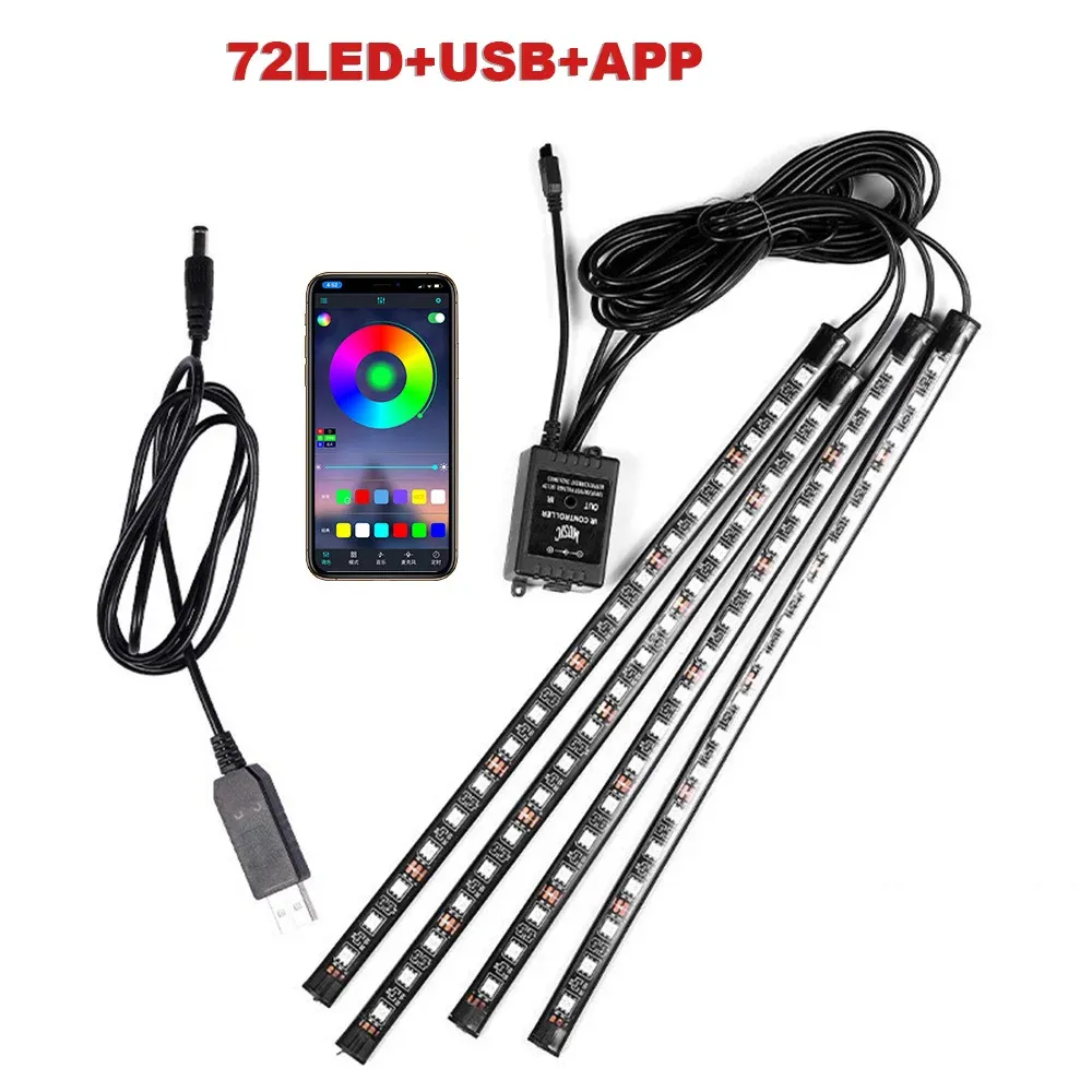 Éclairage d'ambiance pour pied de voiture, 72/48/36 LED RGB, avec allume-cigare USB, bande lumineuse intérieure automobile, barre décorative, télécommande/commande vocale 16