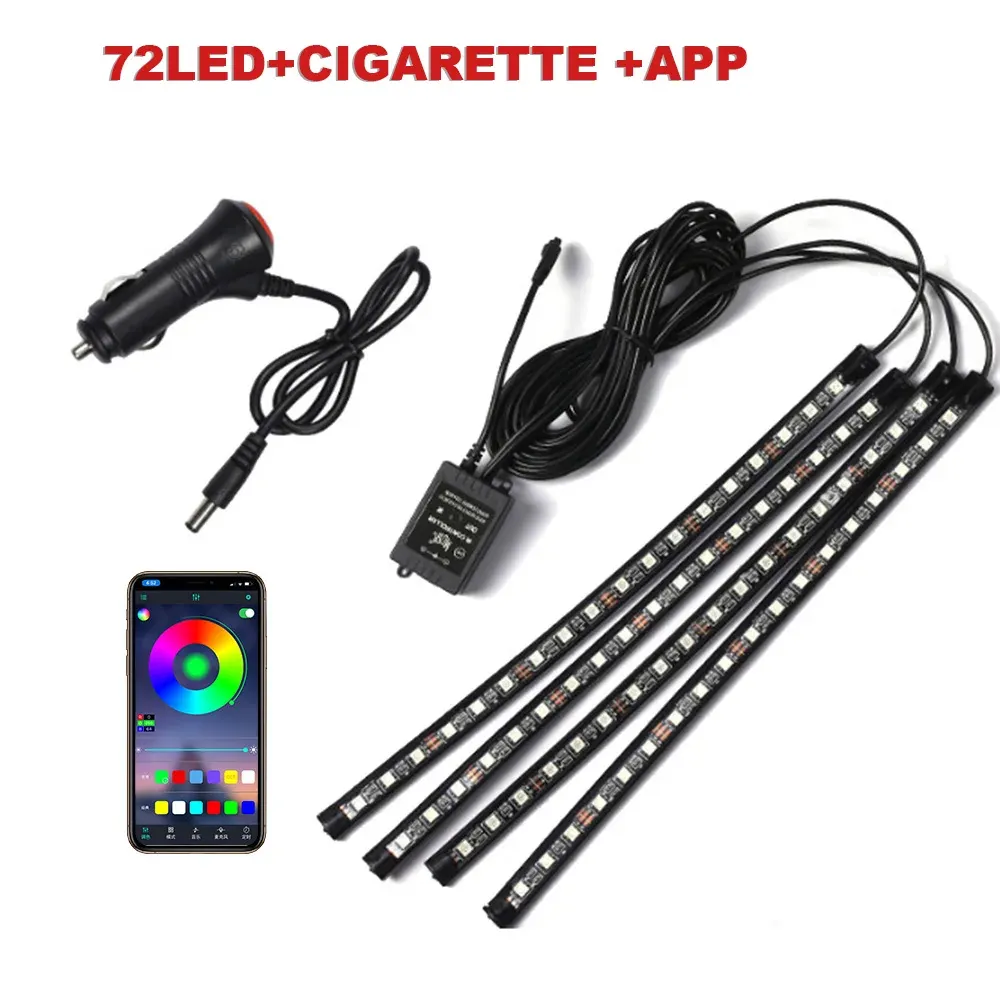 Éclairage d'ambiance pour pied de voiture, 72/48/36 LED RGB, avec allume-cigare USB, bande lumineuse intérieure automobile, barre décorative, télécommande/commande vocale 7
