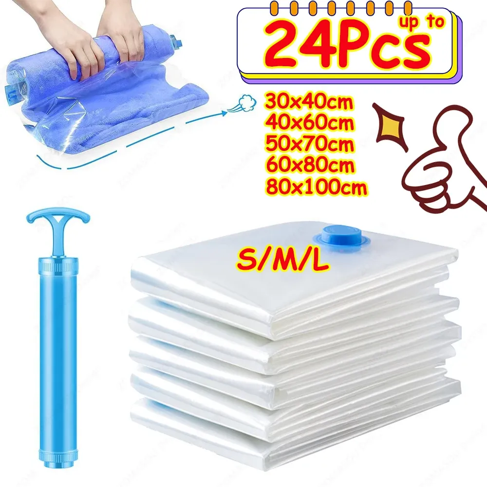 Sacs de rangement sous vide réutilisables avec pompe à main, transparents, pliables et compacts, pour vêtements, idéaux pour le voyage, lot de 1 à 24 pièces - Image 1