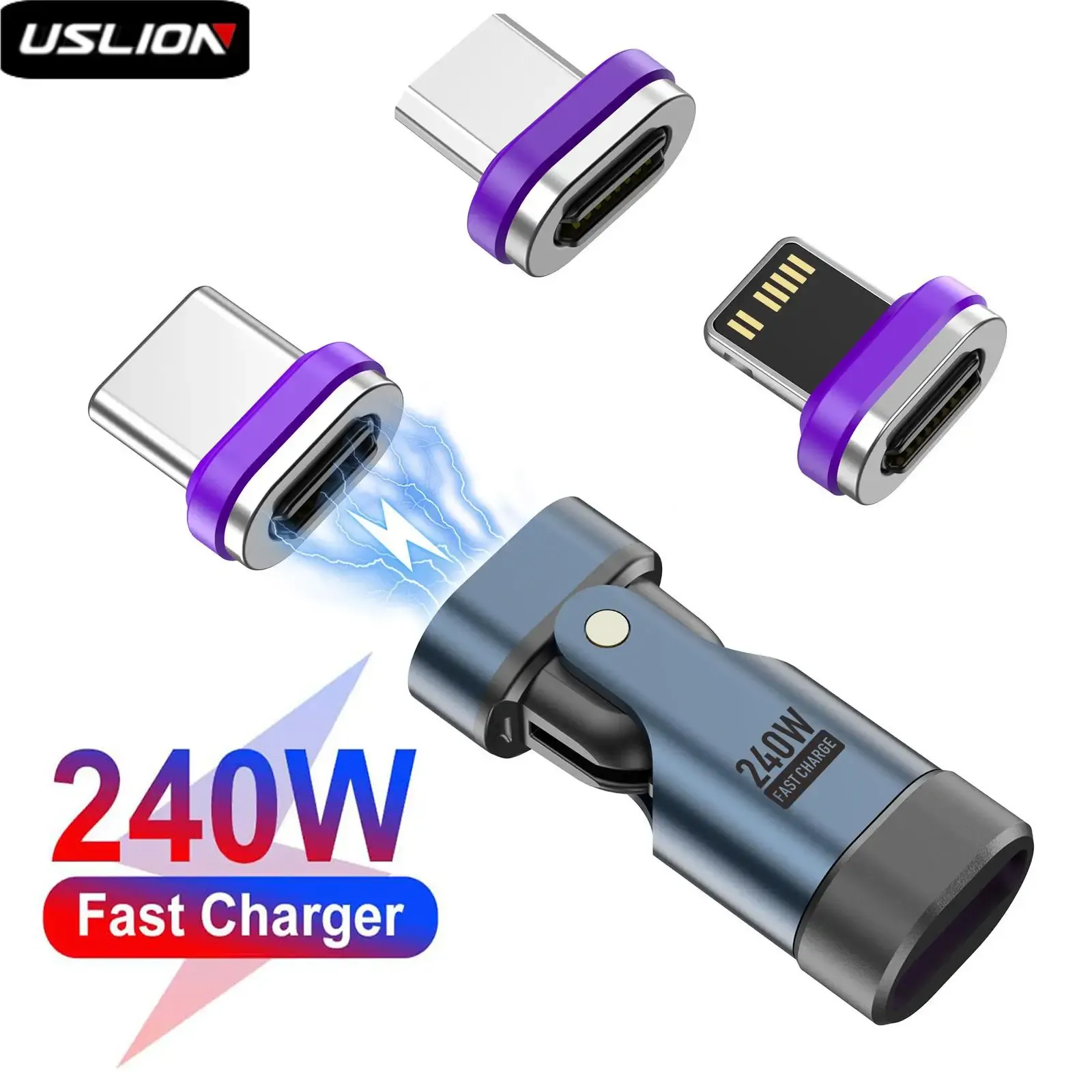 USLION Adaptateur USB-C 240 W, câble de charge rapide magnétique USB-C vers USB-C, convertisseur femelle pour MacBook, iPhone 16, iPhone 15 et Xiaomi