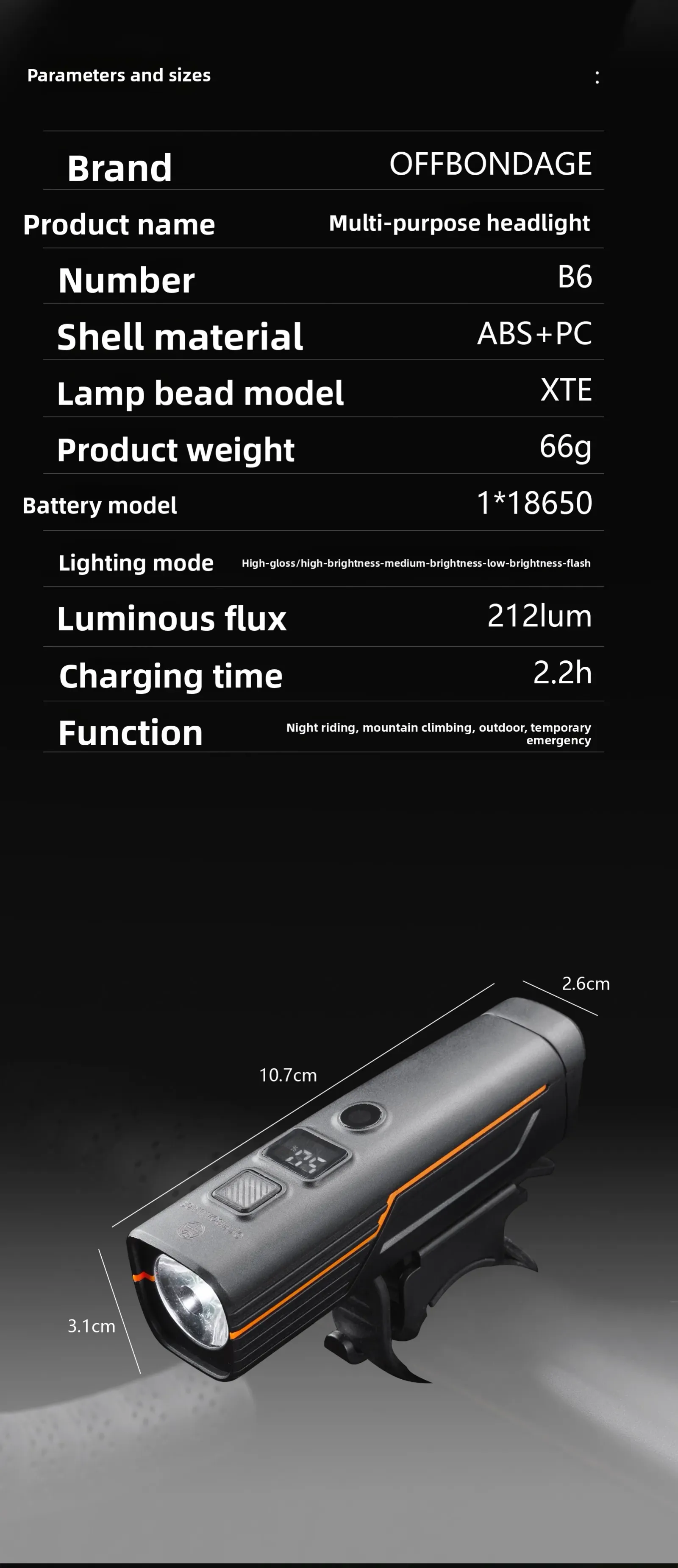 Lumière de vélo étanche à charge USB-C, vue d'ensemble