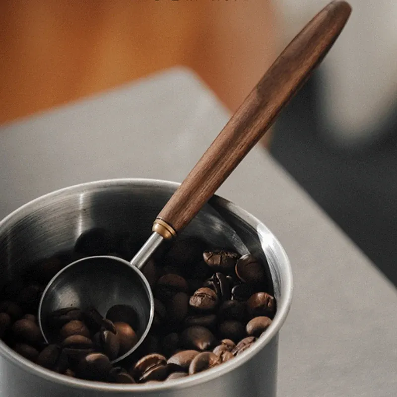 Cuillère à café avec manche en bois, 25 ml, en acier inoxydable, cuillère à mesurer en bois de noyer, cuillère à café à long manche, décoration de café - Image 1