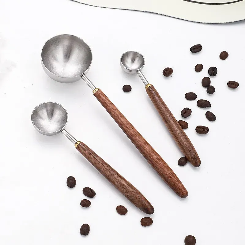 Cuillère à café avec manche en bois, 25 ml, en acier inoxydable, cuillère à mesurer en bois de noyer, cuillère à café à long manche, décoration de café 3