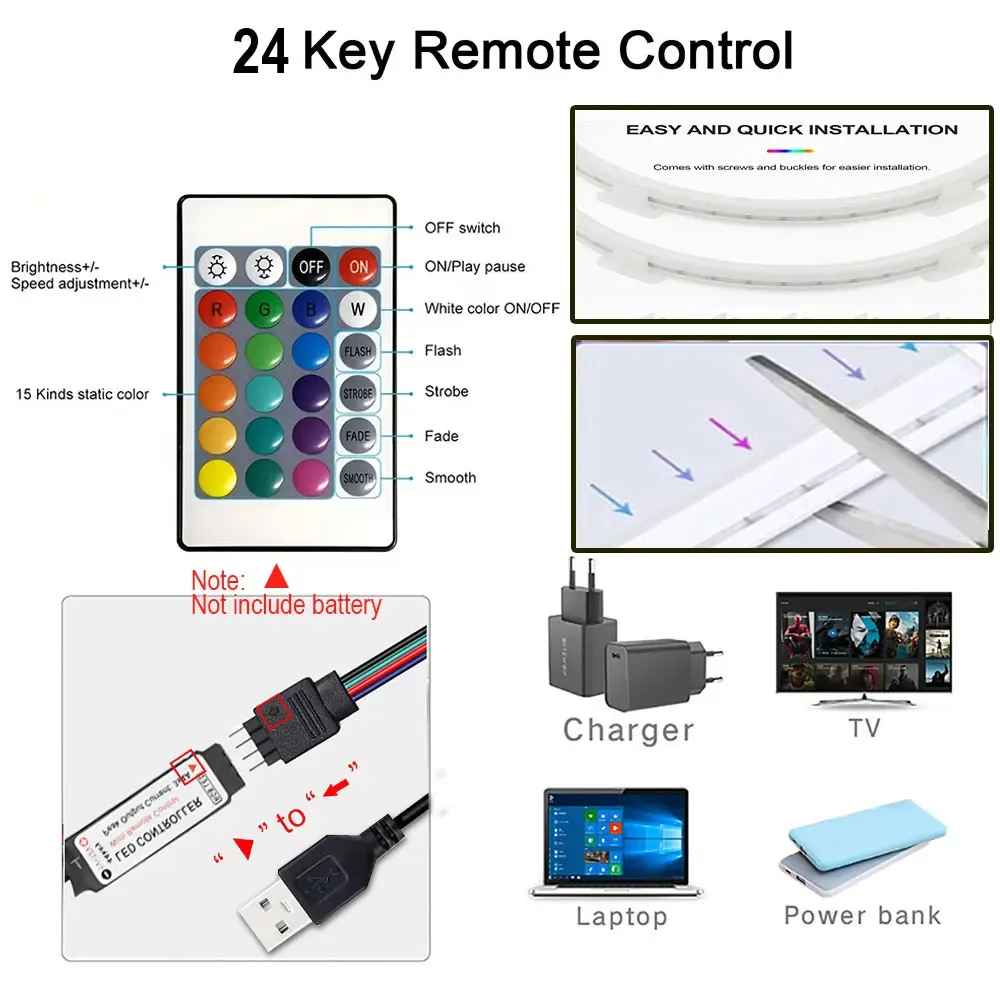 Bande LED néon RGB USB 5V, étanche IP65, avec télécommande 5