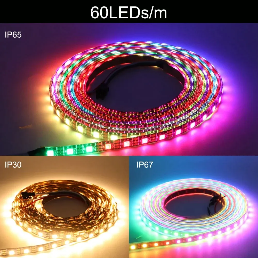 Bande LED RGB adressable individuellement WS2812B 5050, 5 V CC, IP30/IP65/IP67, PCB noir ou blanc 6