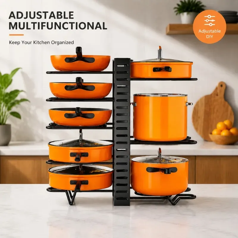 Organiseur de casseroles réglable à 8 niveaux, compact et durable, pour casseroles, poêles et couvercles - Image 1