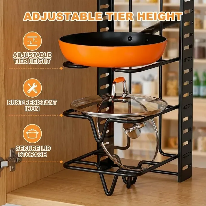 Organiseur de casseroles réglable à 8 niveaux, compact et durable, pour casseroles, poêles et couvercles 3