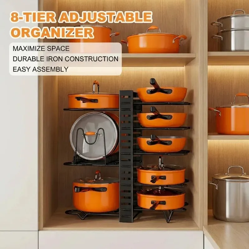 Organiseur de casseroles réglable à 8 niveaux, compact et durable, pour casseroles, poêles et couvercles 2