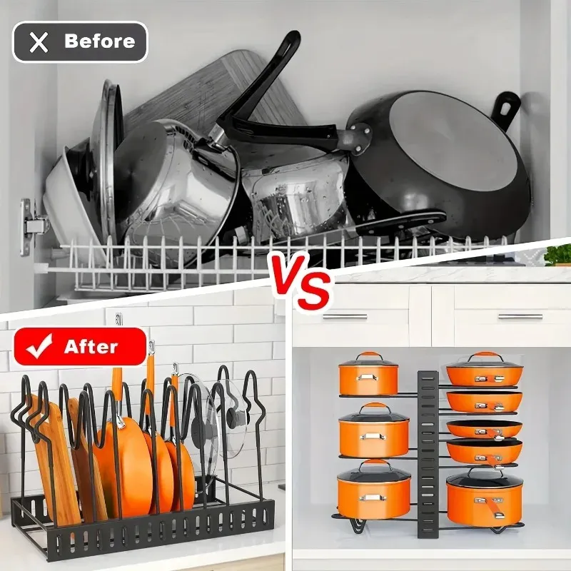 Organiseur de casseroles réglable à 8 niveaux, compact et durable, pour casseroles, poêles et couvercles 4
