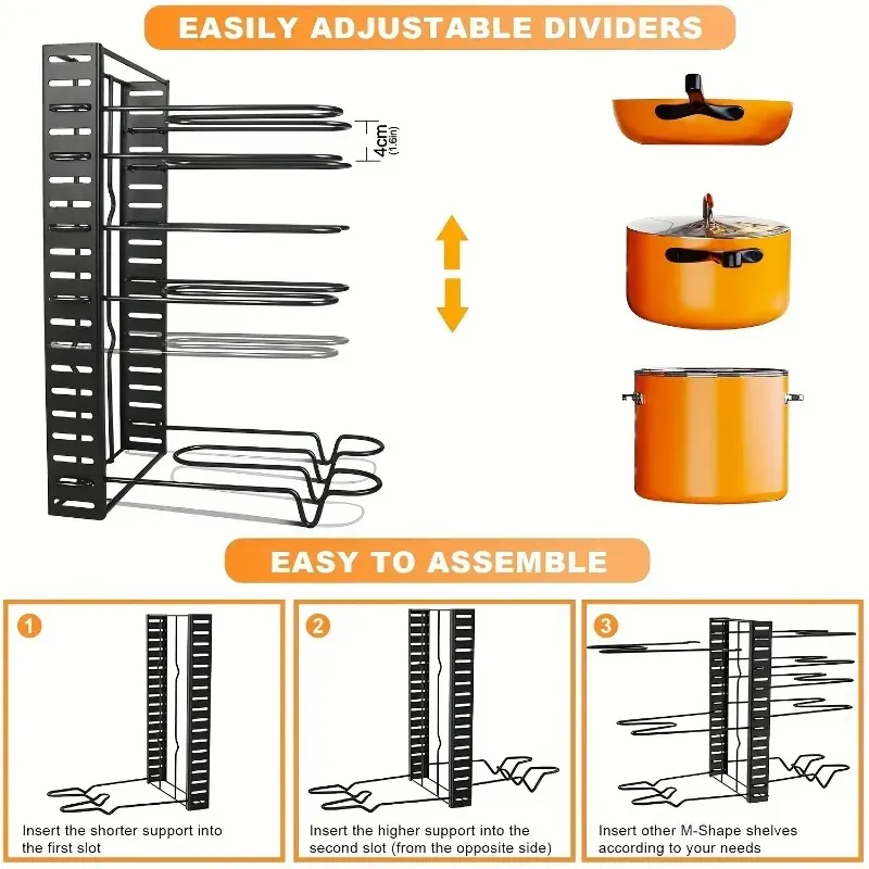 Organiseur de casseroles réglable à 8 niveaux, compact et durable, pour casseroles, poêles et couvercles 5