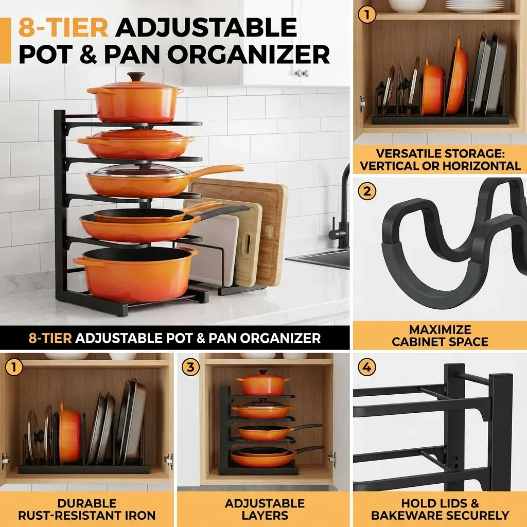 Rangement de casseroles et couvercles sur étagère