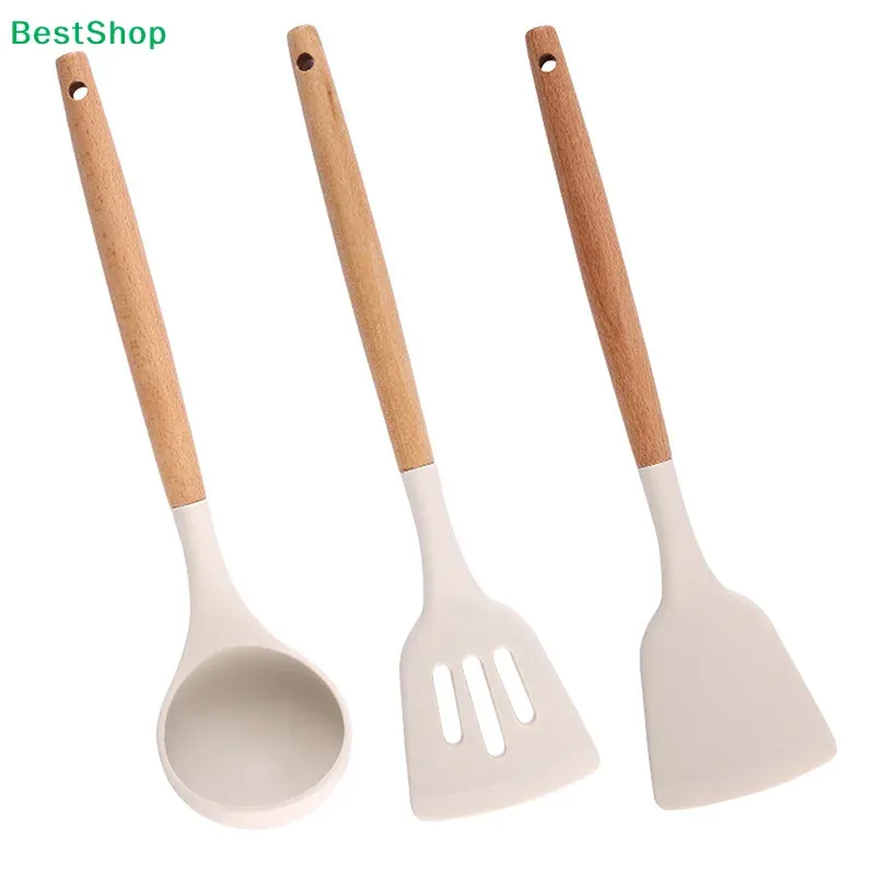 Ensemble d'ustensiles de cuisine en silicone à manches en bois - Spatule et louche résistantes à la chaleur, compatibles avec les poêles antiadhésives 2