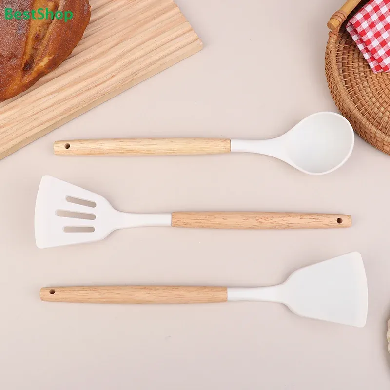 Ensemble d'ustensiles de cuisine en silicone à manches en bois - Spatule et louche résistantes à la chaleur, compatibles avec les poêles antiadhésives 6