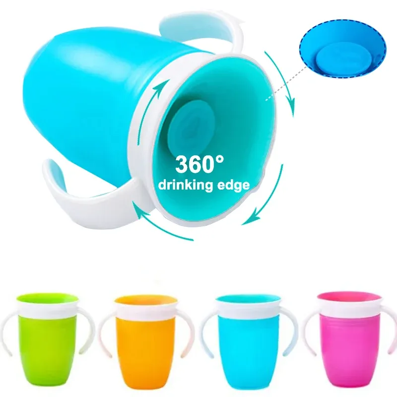 Tasse d'apprentissage pour bébé à 360 degrés avec double anses, couvercle rabattable et bouteille étanche - Image 1