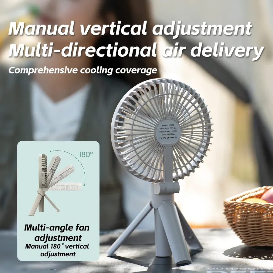 Ventilateur portatif pliable avec trépied, rechargeable 3000 mAh, 4 vitesses et écran LED 3