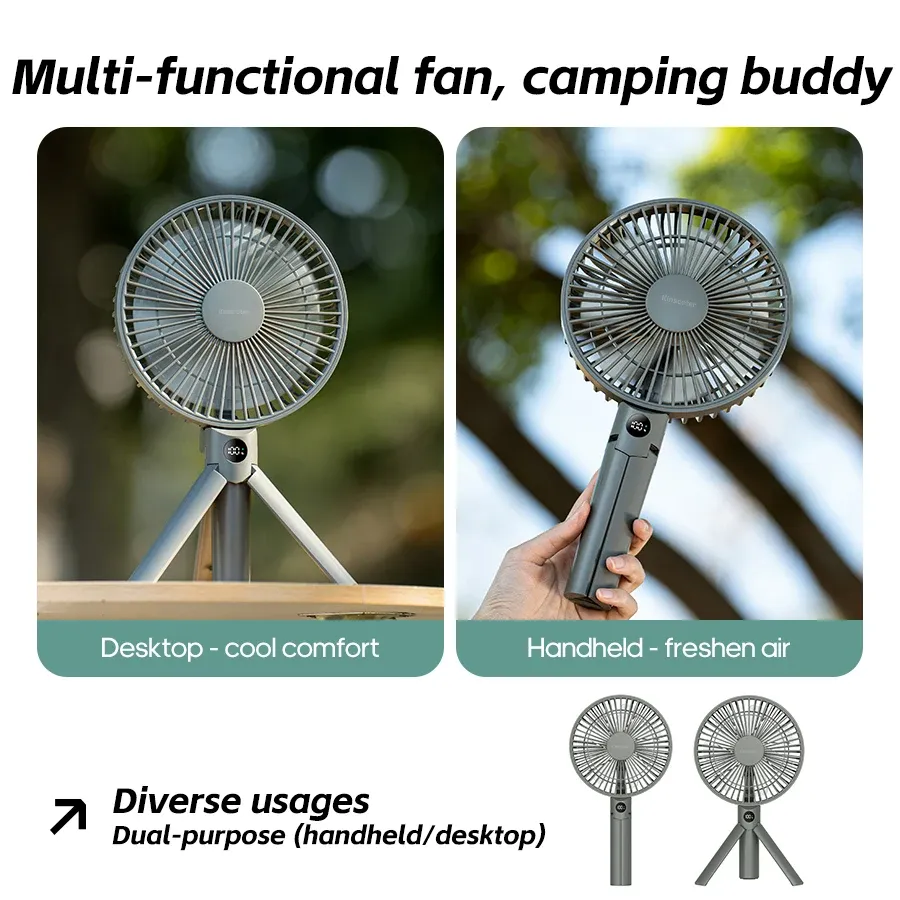 Ventilateur portatif pliable avec trépied, rechargeable 3000 mAh, 4 vitesses et écran LED 5