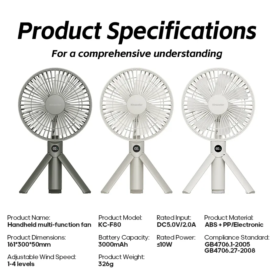 Ventilateur portatif pliable avec trépied, rechargeable 3000 mAh, 4 vitesses et écran LED 6