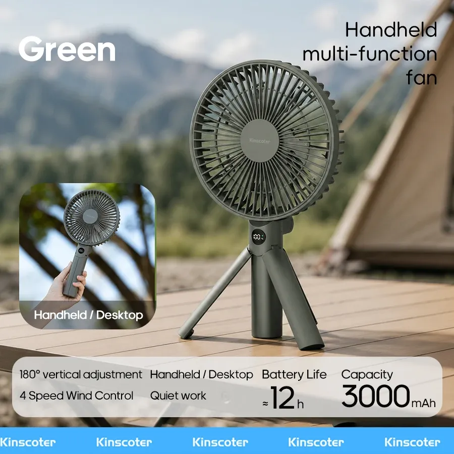 Ventilateur portatif pliable avec trépied, rechargeable 3000 mAh, 4 vitesses et écran LED 8
