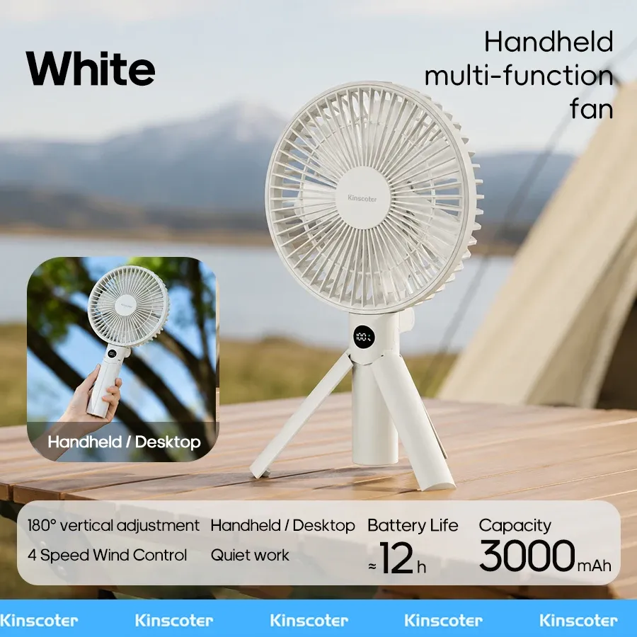 Ventilateur portatif pliable avec trépied, rechargeable 3000 mAh, 4 vitesses et écran LED 7