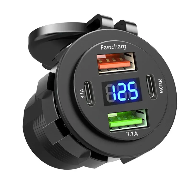Le title is already in French, so the cleaned-up professional version would be:
Prise de chargeur de voiture double USB-C et double USB, 4 ports, charge rapide, étanche, avec voltmètre 12 V/24 V, pour voiture, bateau et moto