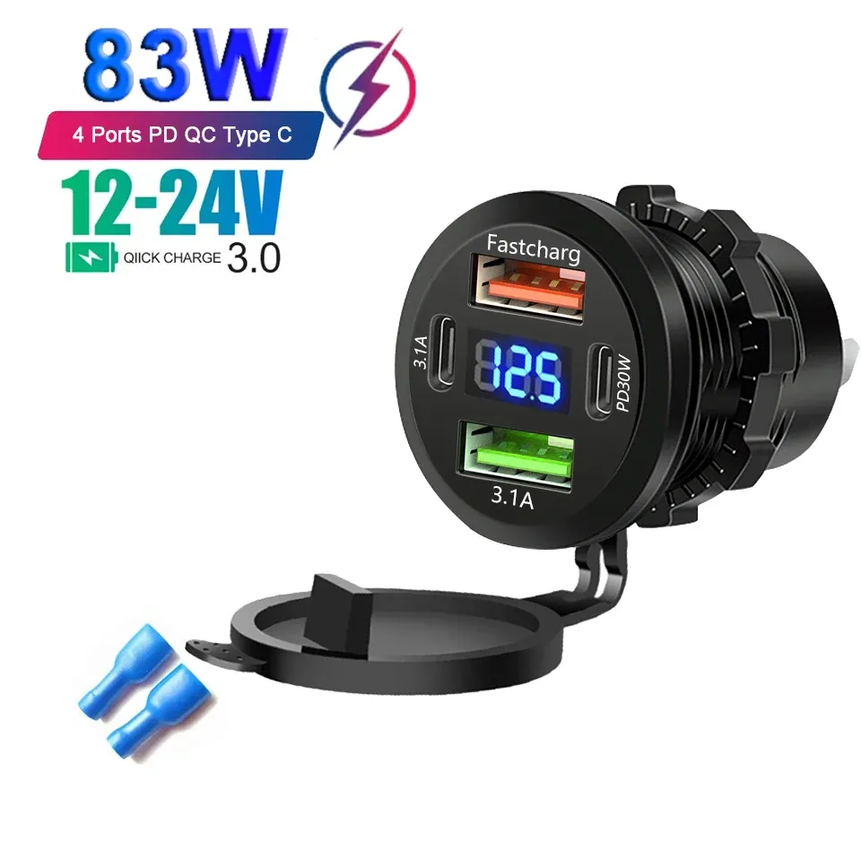 Le title is already in French, so the cleaned-up professional version would be:

Prise de chargeur de voiture double USB-C et double USB, 4 ports, charge rapide, étanche, avec voltmètre 12 V/24 V, pour voiture, bateau et moto 11
