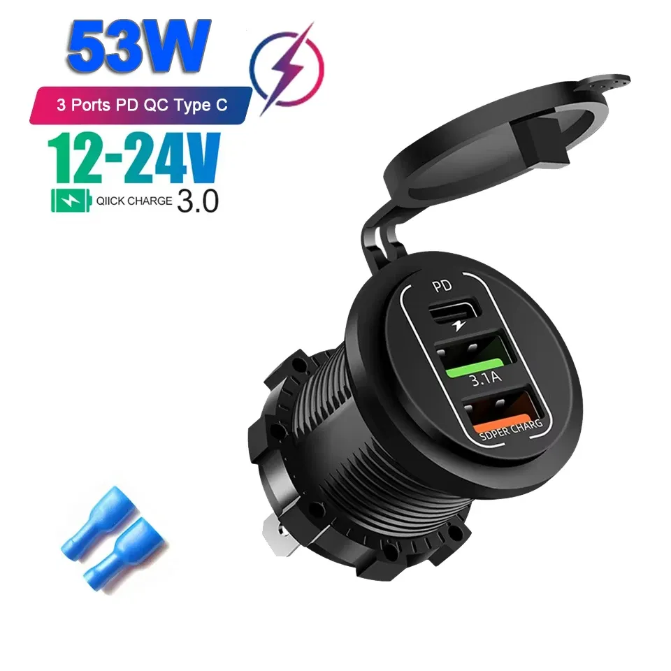 Le title is already in French, so the cleaned-up professional version would be:

Prise de chargeur de voiture double USB-C et double USB, 4 ports, charge rapide, étanche, avec voltmètre 12 V/24 V, pour voiture, bateau et moto 7