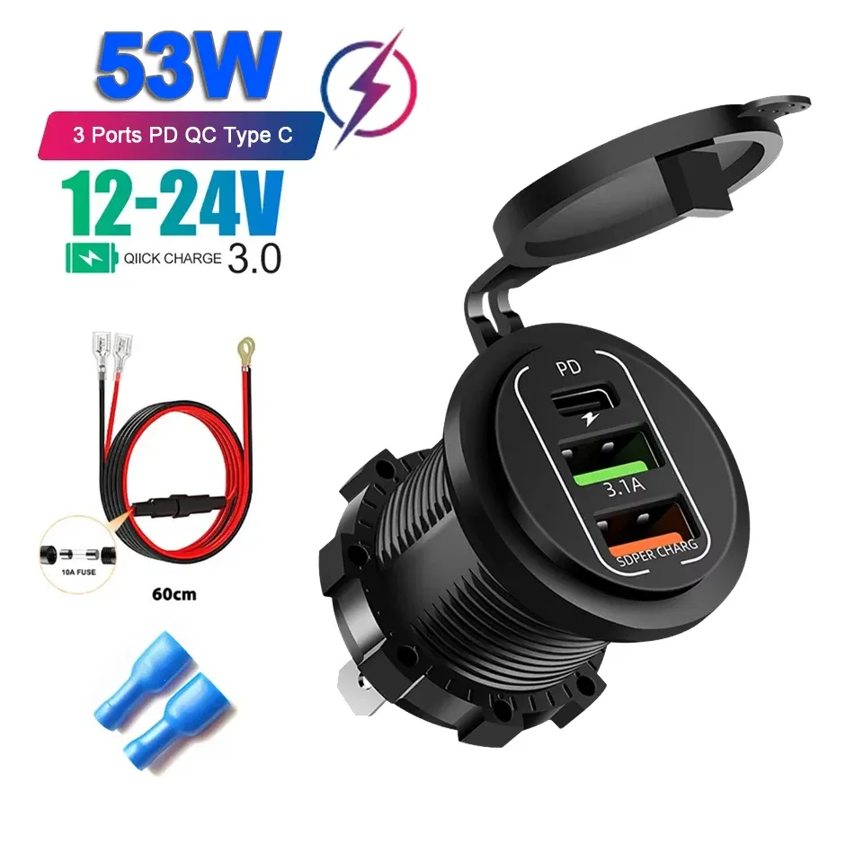 Le title is already in French, so the cleaned-up professional version would be:

Prise de chargeur de voiture double USB-C et double USB, 4 ports, charge rapide, étanche, avec voltmètre 12 V/24 V, pour voiture, bateau et moto 10