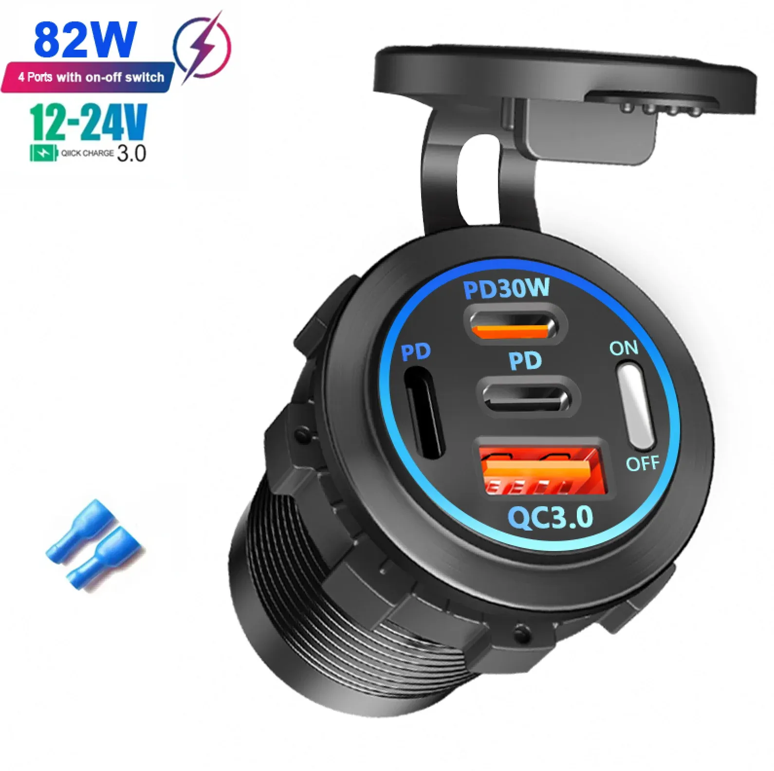 Le title is already in French, so the cleaned-up professional version would be:

Prise de chargeur de voiture double USB-C et double USB, 4 ports, charge rapide, étanche, avec voltmètre 12 V/24 V, pour voiture, bateau et moto 15