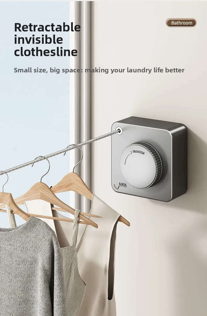 Corde à linge rétractable invisible installée dans un intérieur lumineux