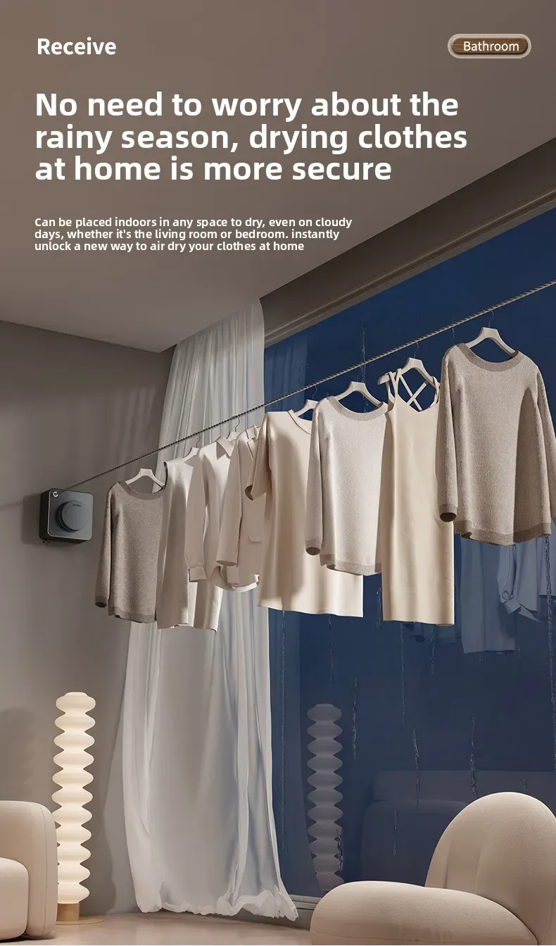 Corde à linge invisible en situation dans un salon