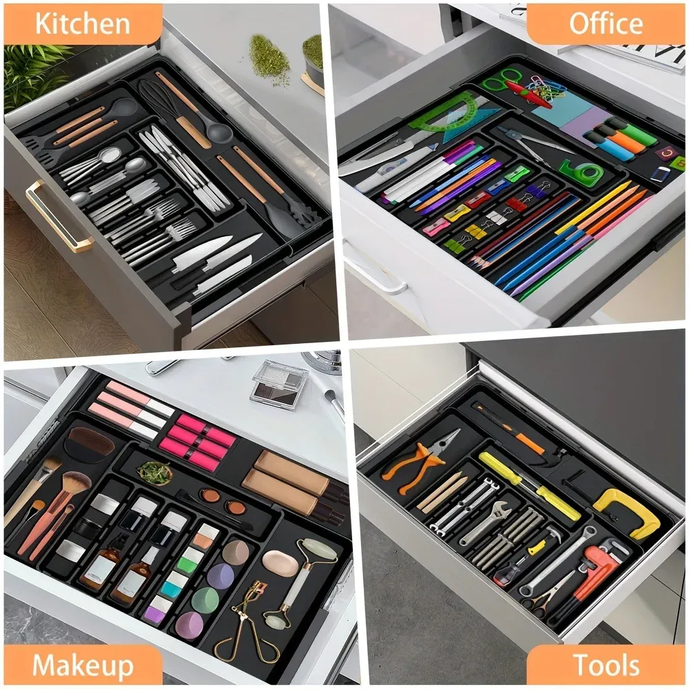 Organisateur de tiroir de cuisine extensible noir à 9 compartiments, grand bac de rangement réglable pour couverts en plastique 2