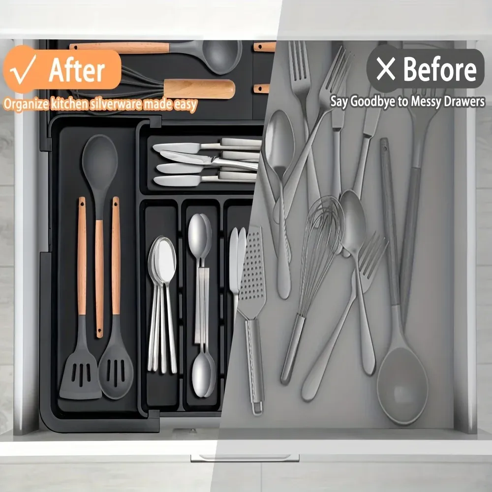 Organisateur de tiroir de cuisine extensible noir à 9 compartiments, grand bac de rangement réglable pour couverts en plastique 4