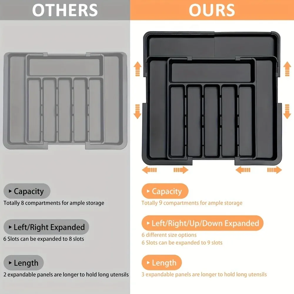 Organisateur de tiroir de cuisine extensible noir à 9 compartiments, grand bac de rangement réglable pour couverts en plastique 5