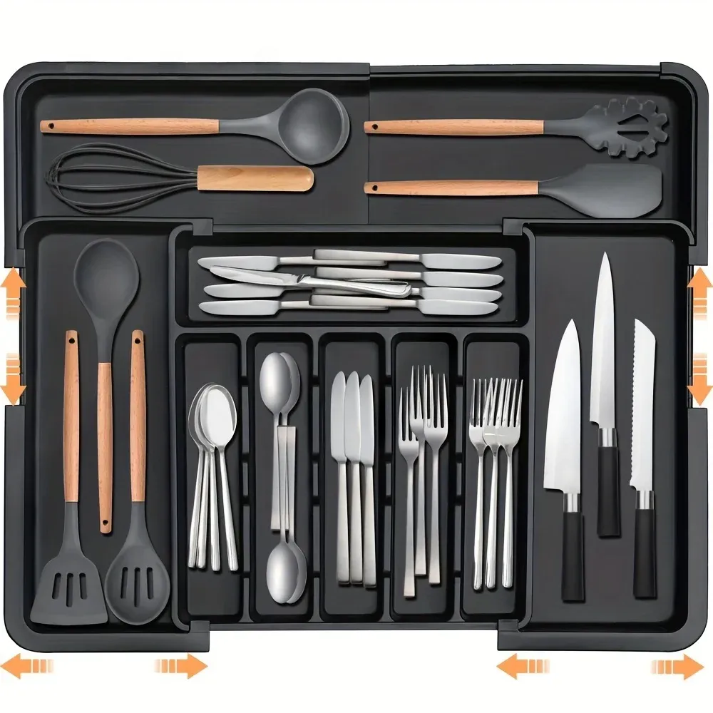 Organisateur de tiroir de cuisine extensible noir à 9 compartiments, grand bac de rangement réglable pour couverts en plastique 6