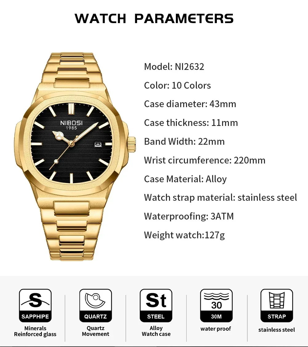 Montre NIBOSI homme, boîtier carré