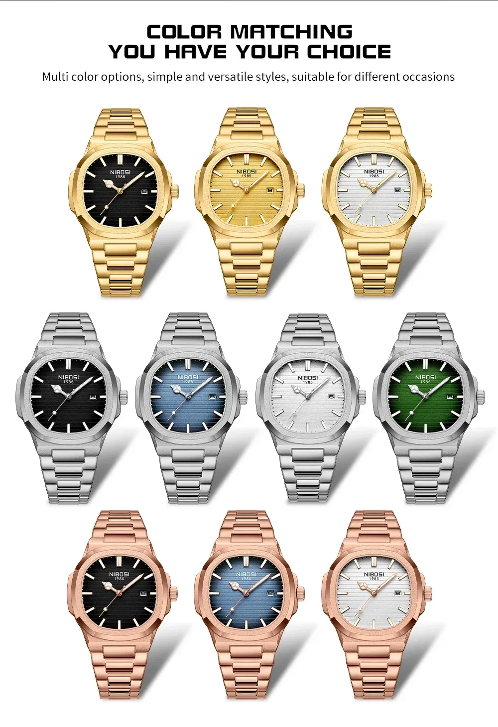 Montre NIBOSI homme, portée au poignet
