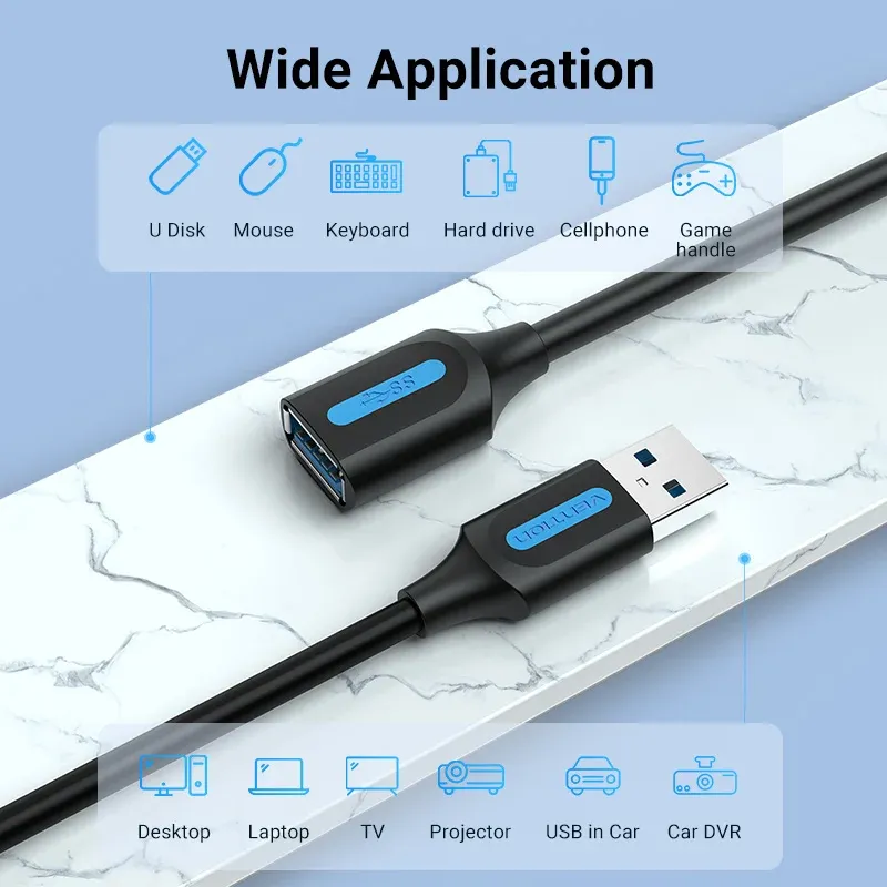 Câble d'extension USB 3.0 mâle vers femelle Vention, câble USB 3.0 haute vitesse pour ordinateur portable 4