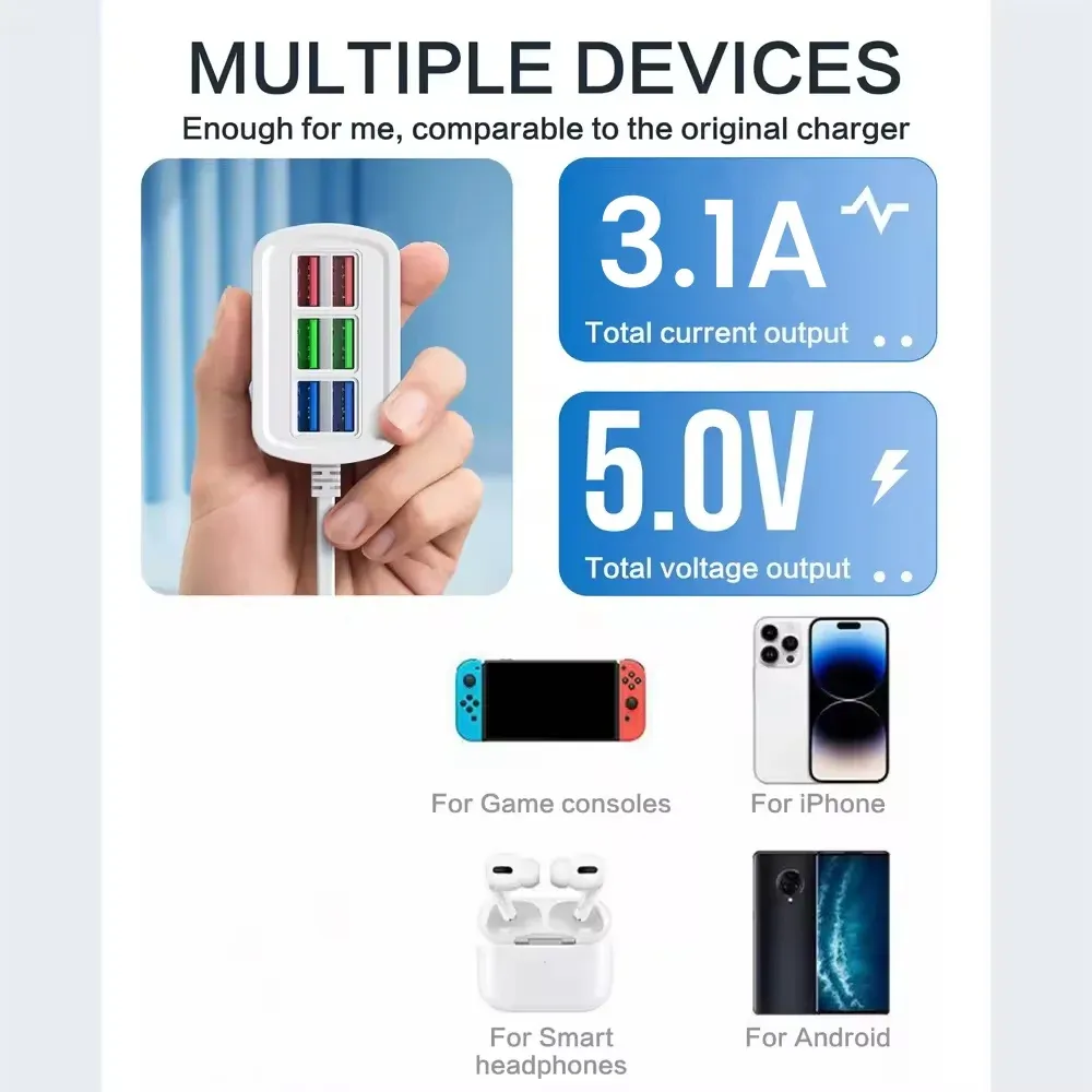 Multiprise 6 ports USB à charge rapide, adaptateur avec prises EU/US et rallonge électrique 2