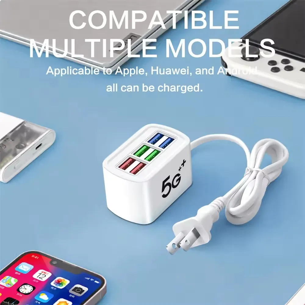 Multiprise 6 ports USB à charge rapide, adaptateur avec prises EU/US et rallonge électrique 6