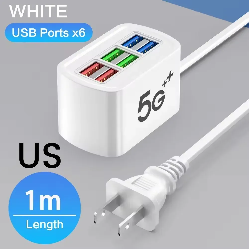 Multiprise 6 ports USB à charge rapide, adaptateur avec prises EU/US et rallonge électrique 8