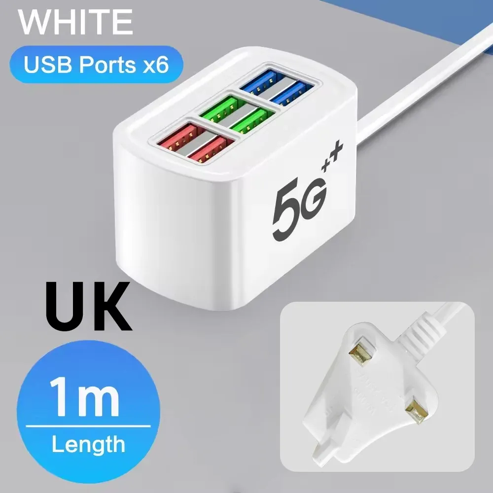 Multiprise 6 ports USB à charge rapide, adaptateur avec prises EU/US et rallonge électrique 7
