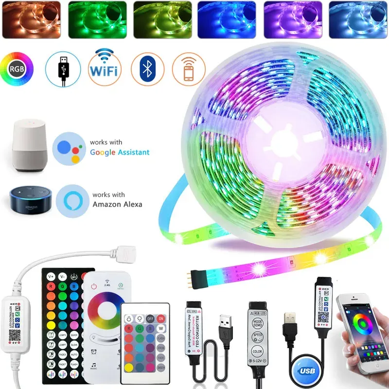 Ruban LED RGB 5050 USB, 1 à 20 m, contrôlable par application Wi-Fi, pour rétroéclairage TV et décoration de chambre
