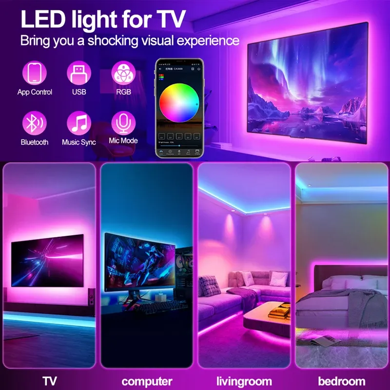 Ruban LED RGB 5050 USB, 1 à 20 m, contrôlable par application Wi-Fi, pour rétroéclairage TV et décoration de chambre 2