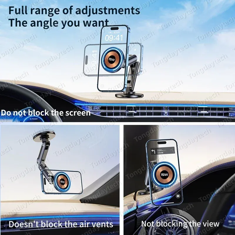 Support de chargeur magnétique sans fil pour voiture, 15 W, rotation à 360°, angle réglable en métal, compatible iPhone 15, 14, 13, 12 Pro Max et Samsung 4