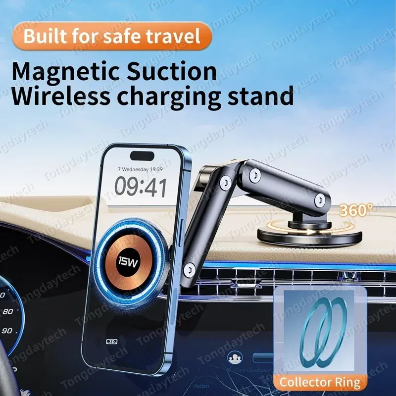 Support de chargeur magnétique sans fil pour voiture, 15 W, rotation à 360°, angle réglable en métal, compatible iPhone 15, 14, 13, 12 Pro Max et Samsung 5