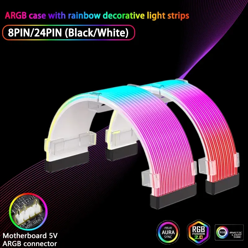Câble d'alimentation ARGB 5 V (24 broches / 8 broches) avec bande LED décorative Rainbow synchronisable pour boîtier de PC gaming