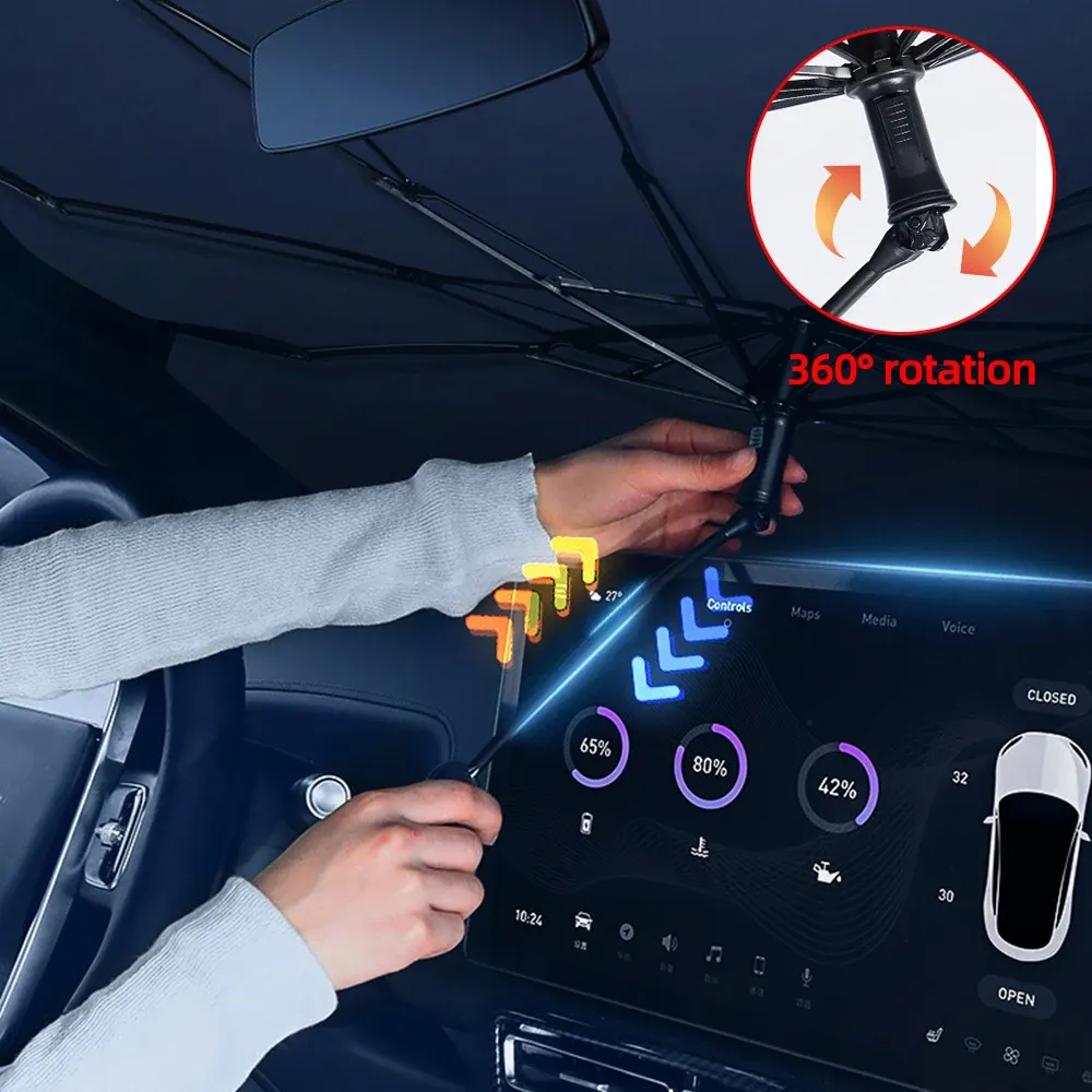 Pare-soleil de voiture pliable installé sur un pare-brise avant