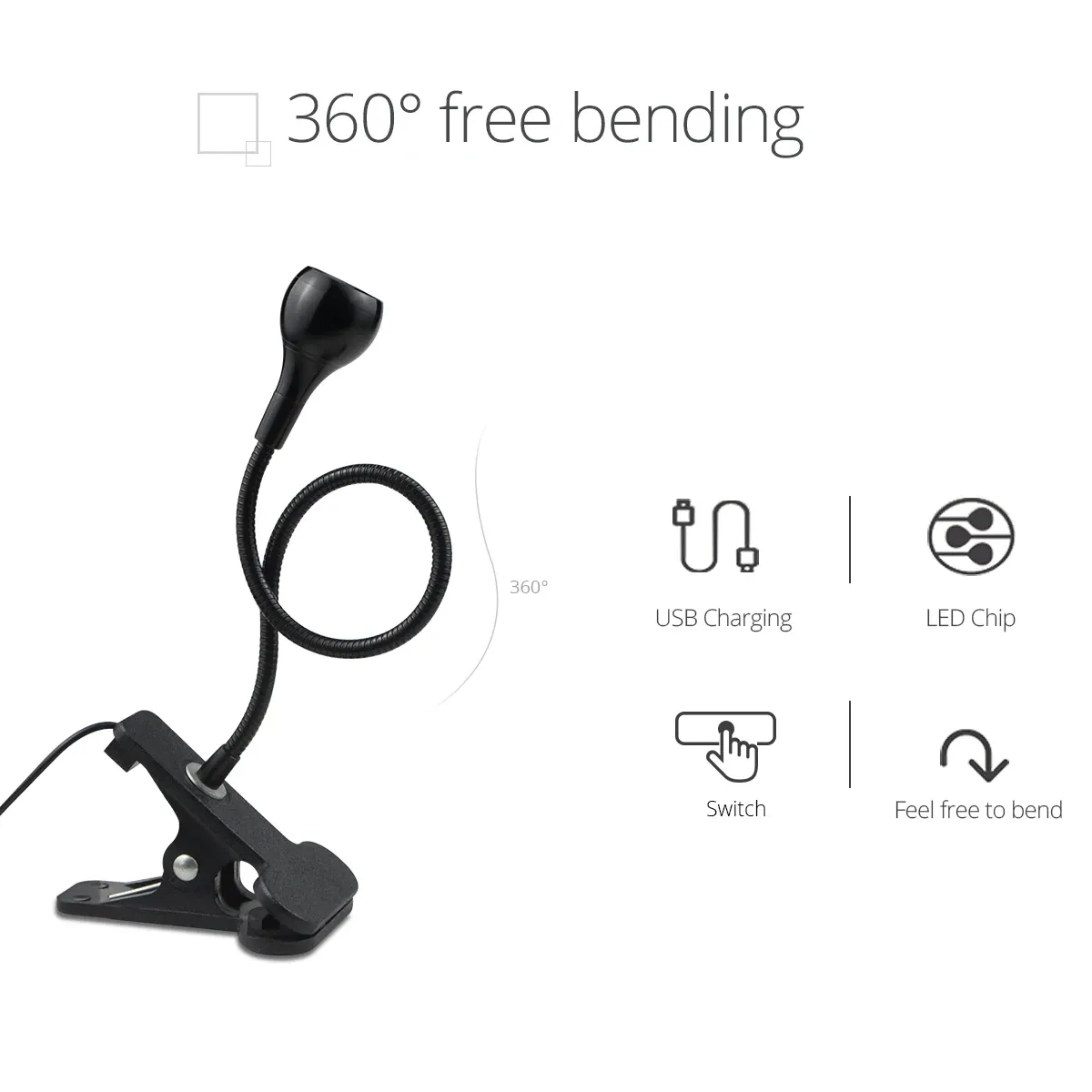 Lampe à pince LED avec interrupteur, lampe USB pour la lecture et l'étude 3