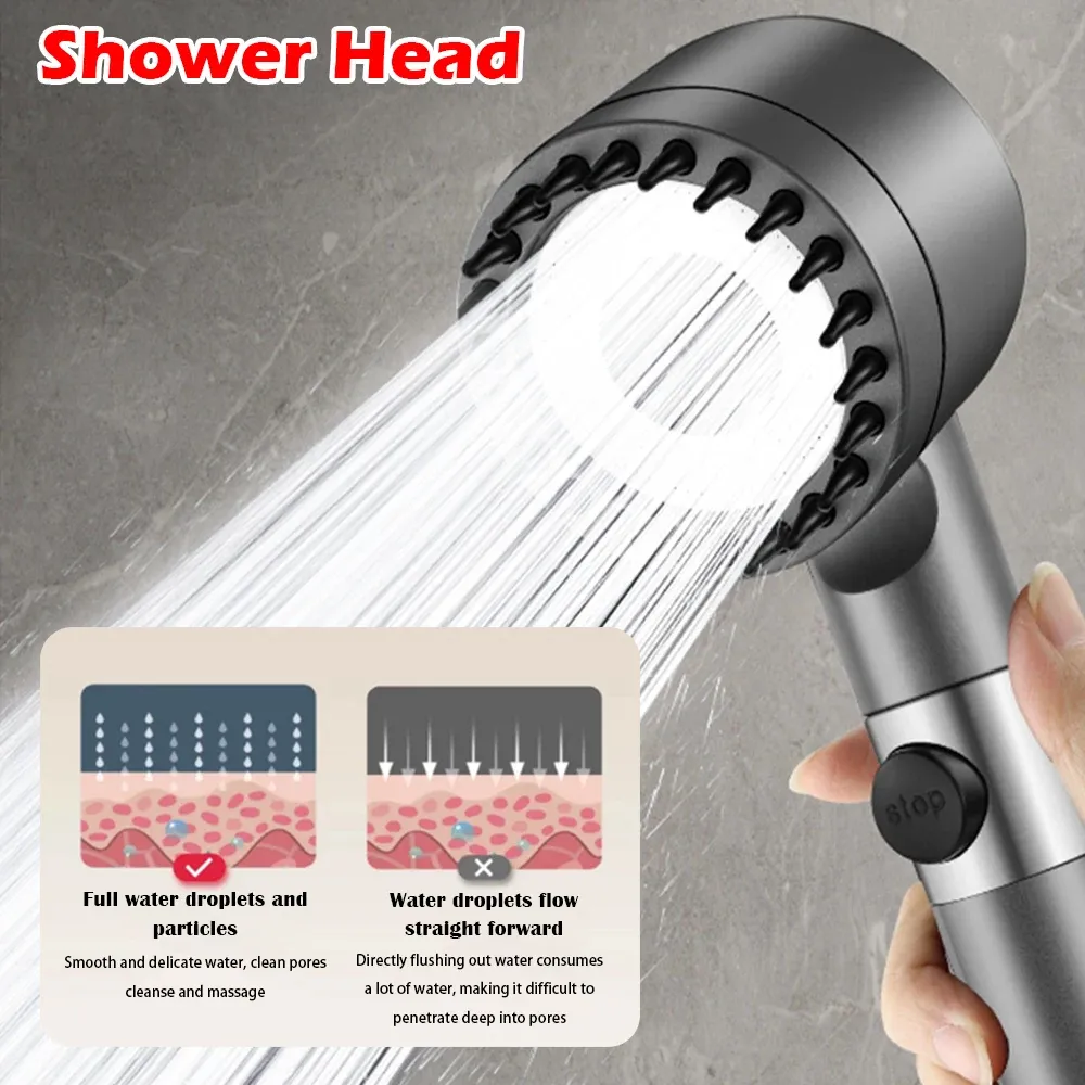 Pommeau de douche haute pression à 4 modes, effet pluie, arrêt d'eau une touche, filtre intégré 3